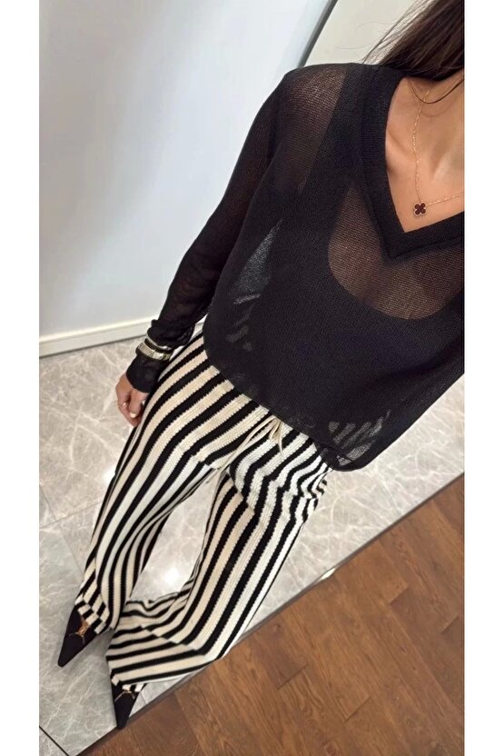 V Yaka Uzun Kollu Triko Ince Bluz - Siyah