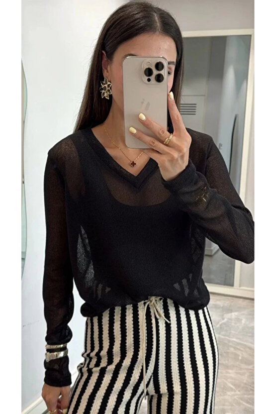 V Yaka Uzun Kollu Triko Ince Bluz - Siyah