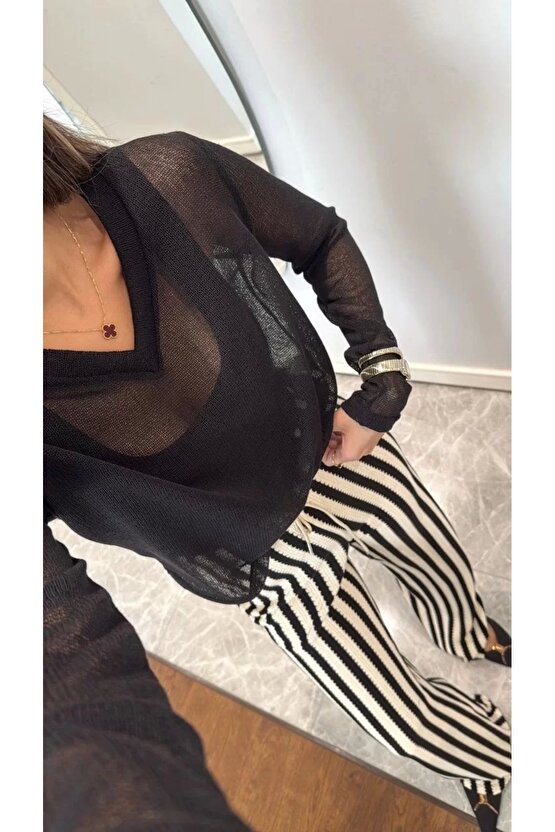 V Yaka Uzun Kollu Triko Ince Bluz - Siyah