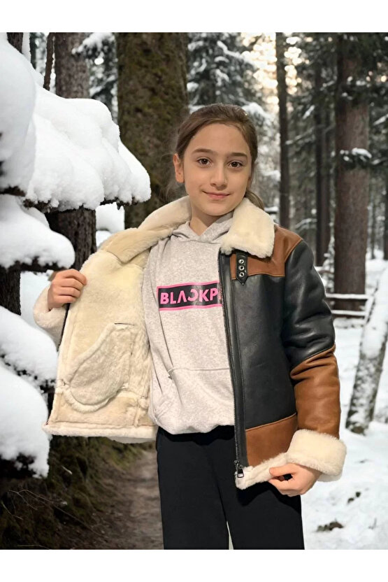 Çocuk Yakalı Parçalı Kürk - Kahve