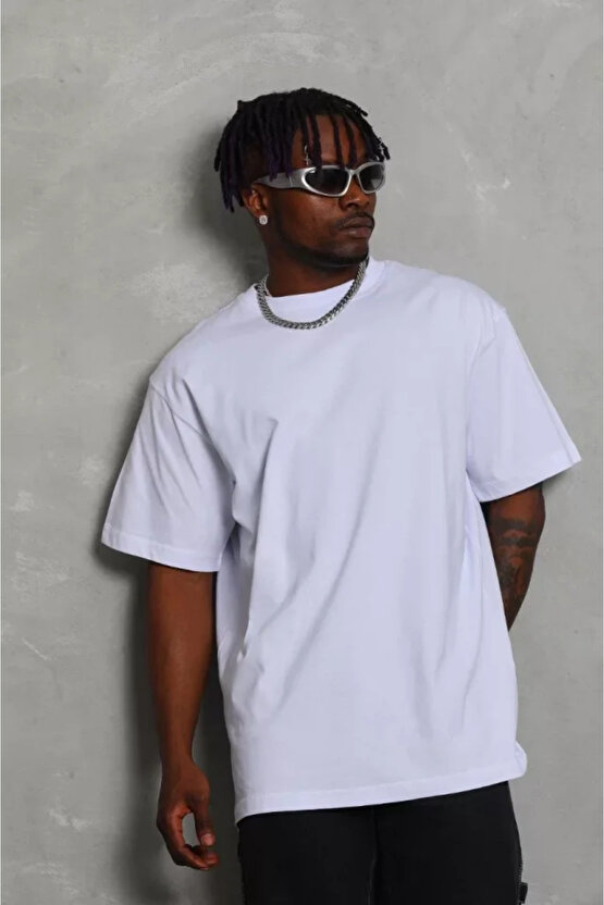Unisex Oversize Düz Bisiklet Yaka T-Shirt - Beyaz