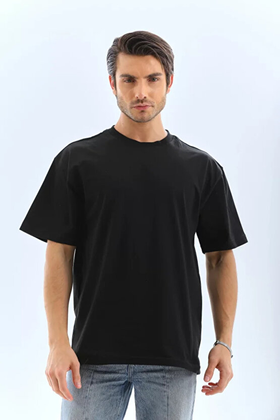 Moda Shop & Butik Unisex Oversize Düz Bisiklet Yaka T-shirt - Siyah
