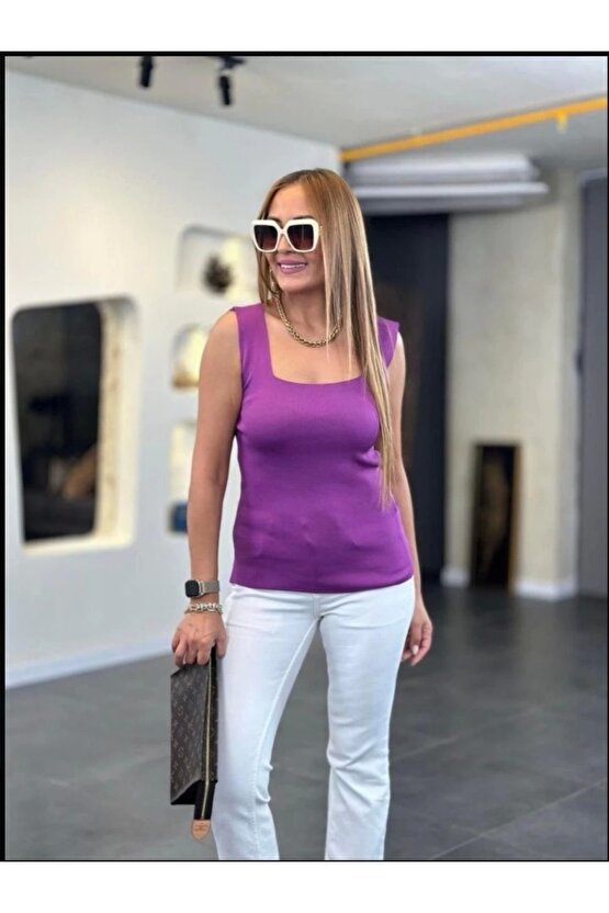 Gelirr Kare Yaka Kalın Askılı Beyaz Triko Bluz