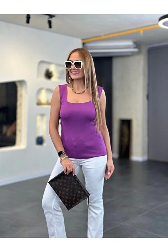 Gelirr Kare Yaka Kalın Askılı Beyaz Triko Bluz