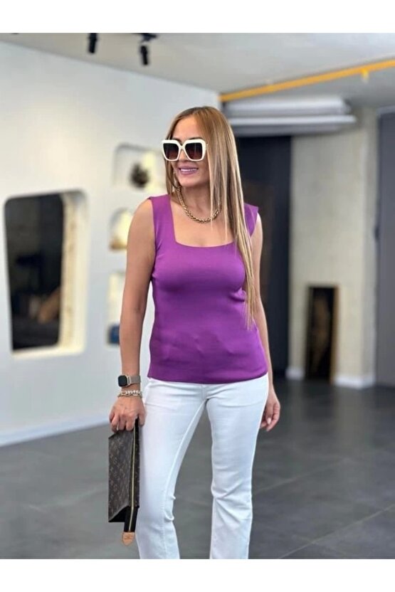 Gelirr Kare Yaka Kalın Askılı Beyaz Triko Bluz