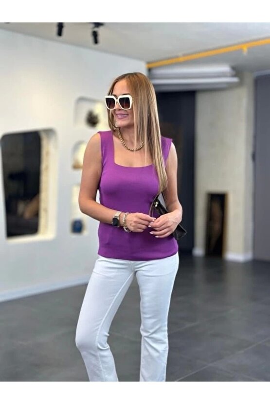 Gelirr Kare Yaka Kalın Askılı Beyaz Triko Bluz