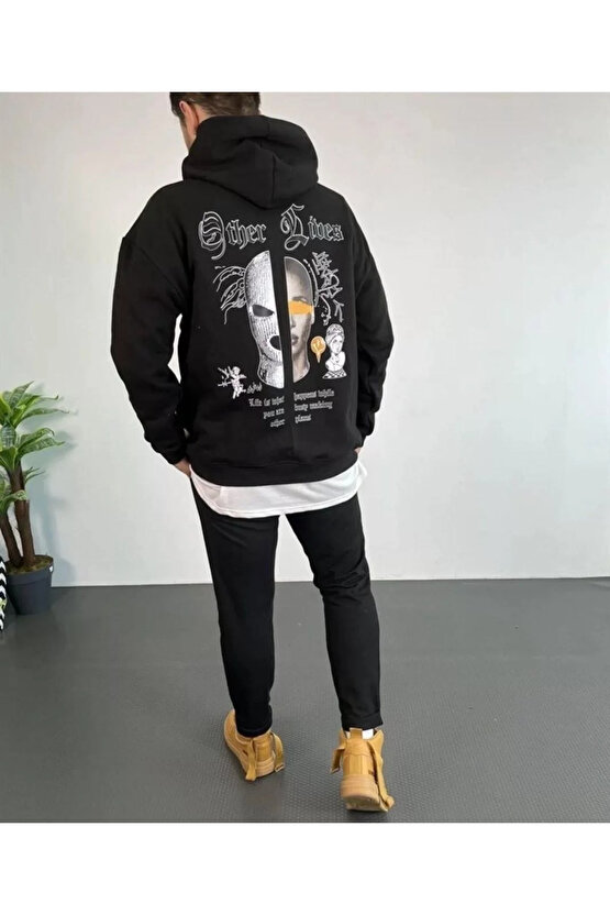Erkek Sırt Baskılı Oversize Üç İplik Kapüşonlu Sweatshirt - Siyah