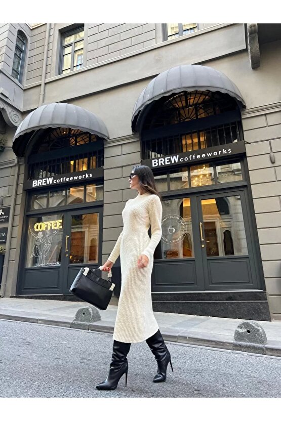 Bisiklet Yaka Fitilli Uzun Elbise - Beyaz