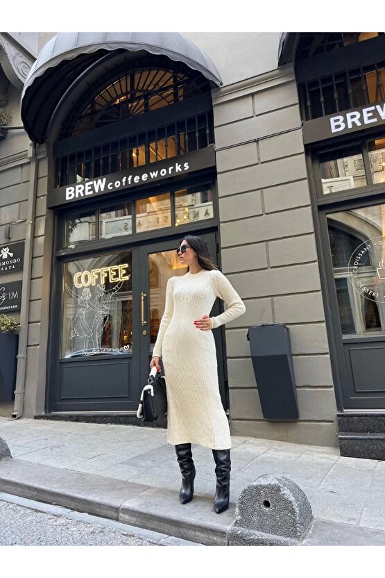 Bisiklet Yaka Fitilli Uzun Elbise - Beyaz