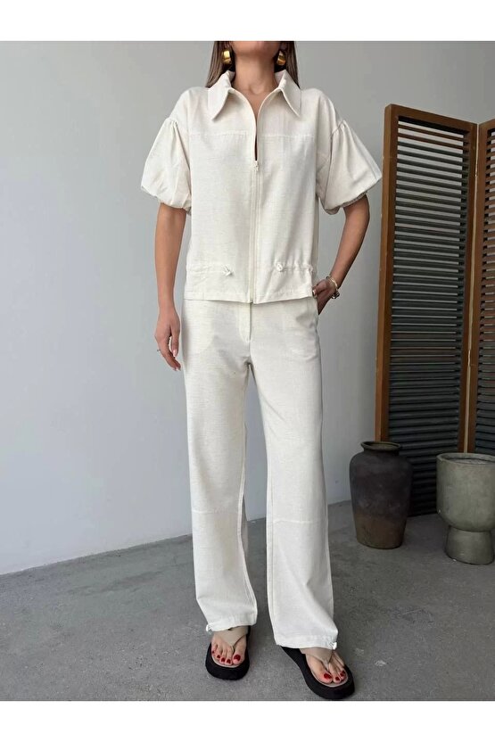 Keten Tam Fermuarlı Kısa kollu Gömlek Pantolon ikili Takım - Beyaz
