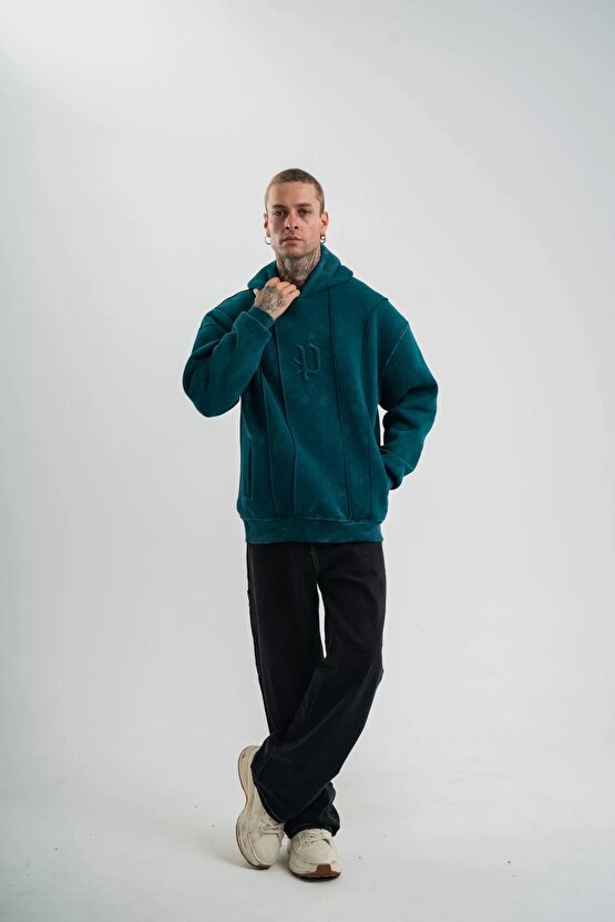 Unisex Uzun Kol Kapşonlu Yıkamalı Nakışlı SweatShirt - Koyu Deniz Yeşili