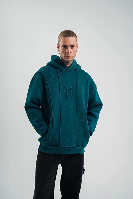 Unisex Uzun Kol Kapşonlu Yıkamalı Nakışlı SweatShirt - Koyu Deniz Yeşili