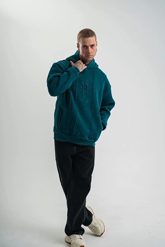 Unisex Uzun Kol Kapşonlu Yıkamalı Nakışlı SweatShirt - Koyu Deniz Yeşili