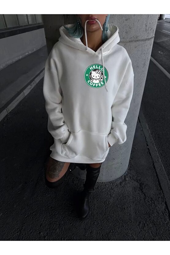 Üç İplik Penye Uzun Kol Kapüşonlu SweatShirt - Beyaz