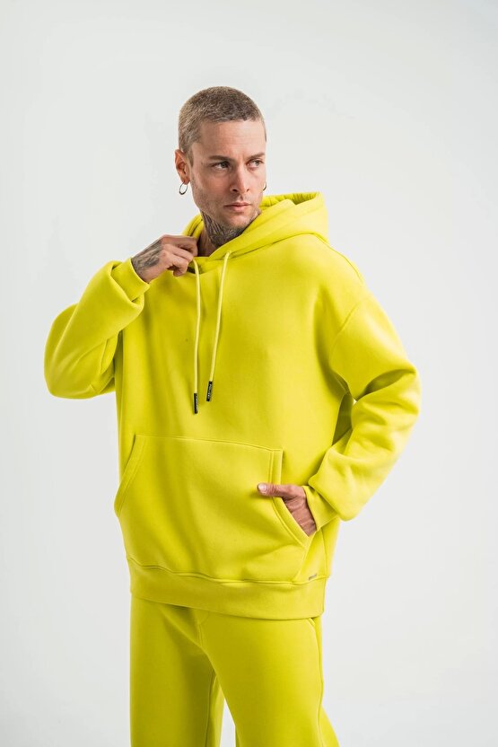Unisex Double Oversize Kapşonlu Basic SweatShirt - Sarı