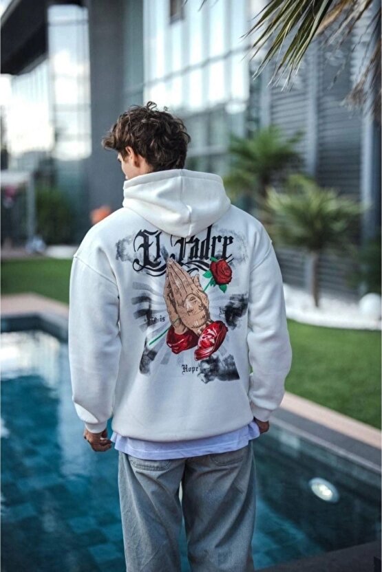 Moda Shop & Butik Üç Iplik Penye Kapşonlu Baskılı Sweatshirt - Beyaz