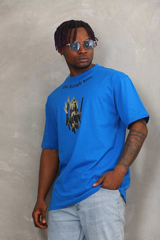 Unisex Bisiklet Yaka Baskılı Oversize T-Shirt - Mavi