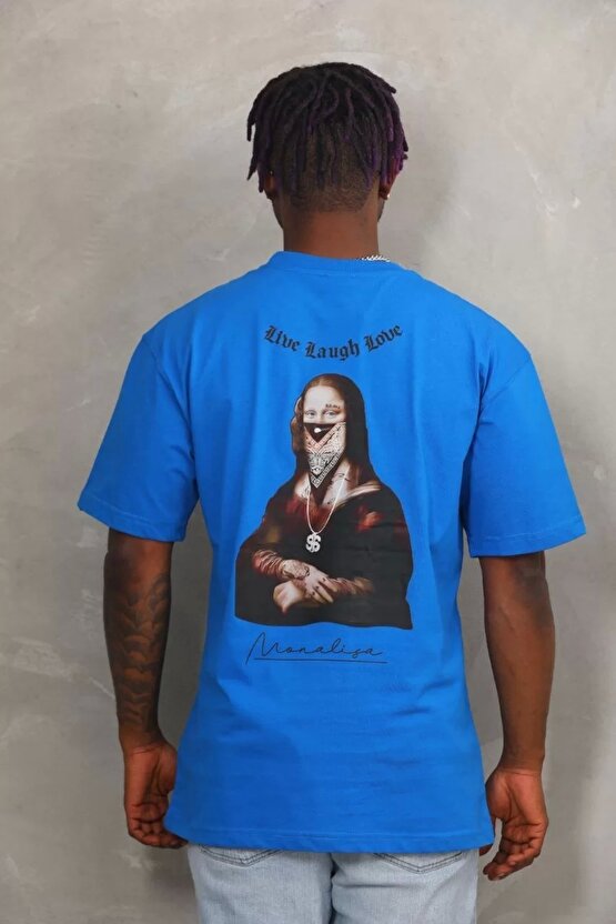 Unisex Bisiklet Yaka Baskılı Oversize T-Shirt - Mavi