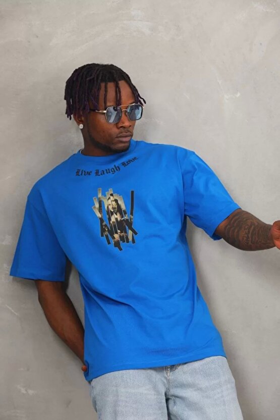 Unisex Bisiklet Yaka Baskılı Oversize T-Shirt - Mavi