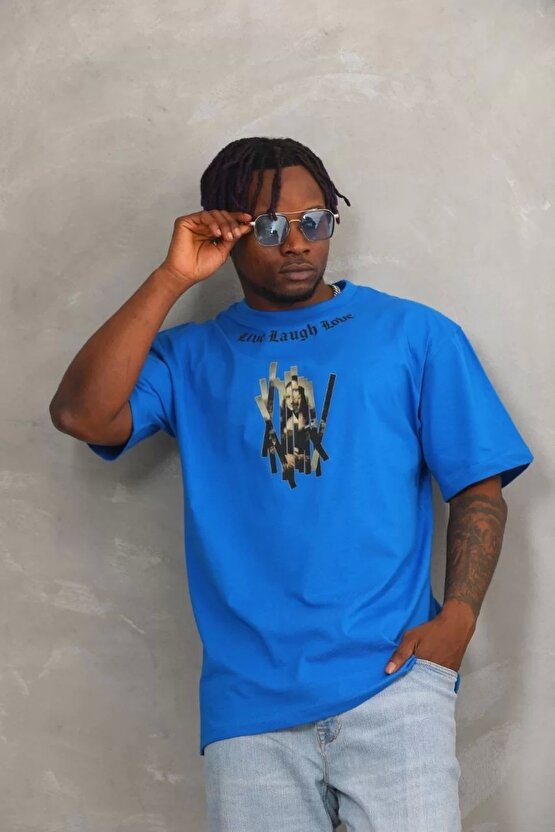 Unisex Bisiklet Yaka Baskılı Oversize T-Shirt - Mavi