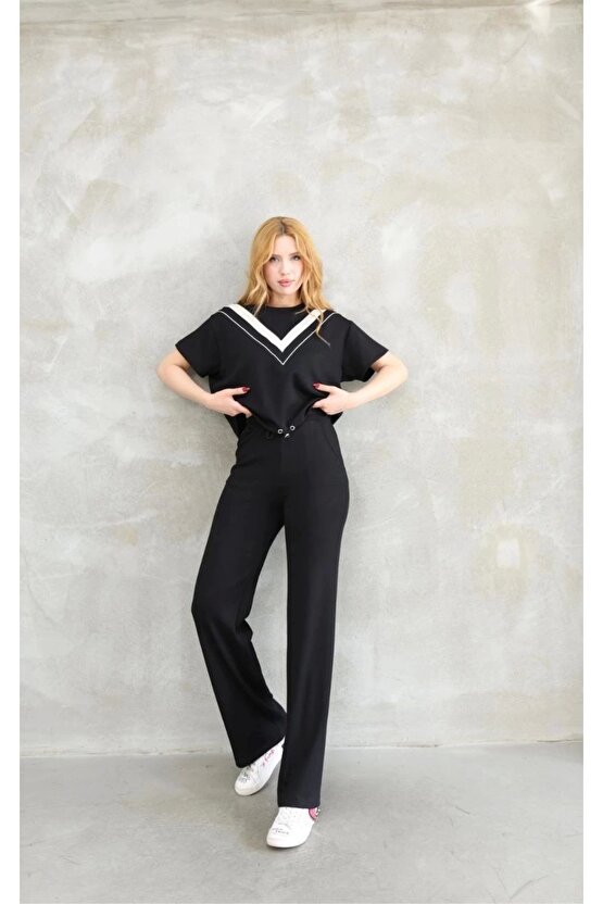 Osy Modal Yumuşak Dokulu Kumaş Bisiklet Yaka Parçalı Detaylı Kısa Kollu Takım - Siyah