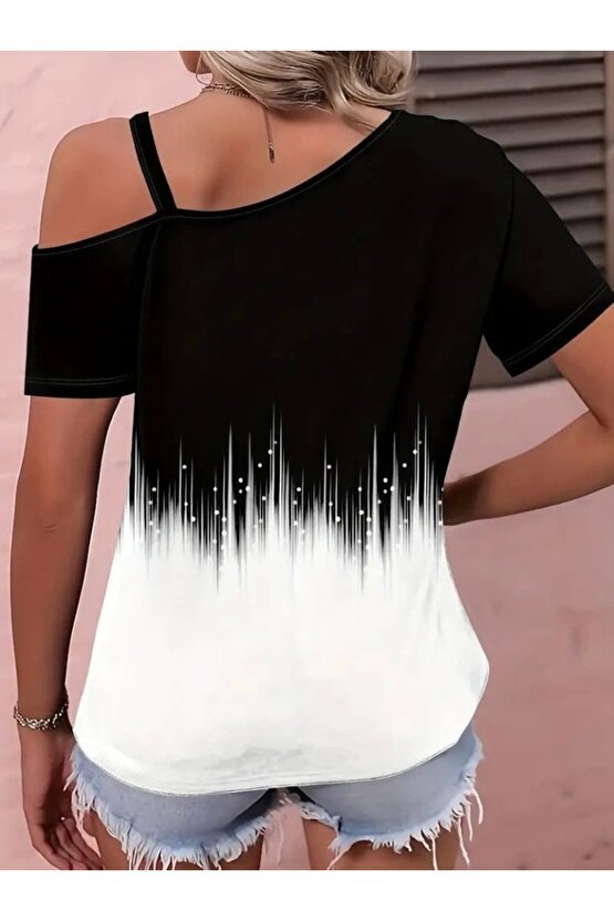 Kadın Tek Omuzdan Açık Askı Detaylı Desenli Süprem Bluz