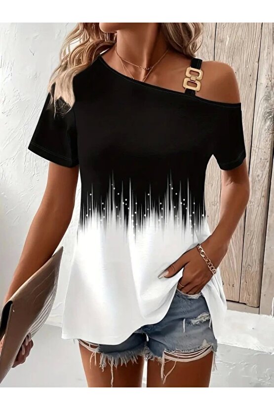 Kadın Tek Omuzdan Açık Askı Detaylı Desenli Süprem Bluz