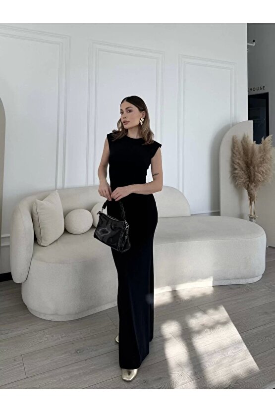 Kolsuz Uzun Likralı Elbise - Siyah