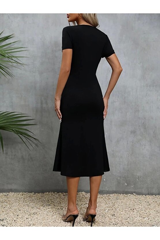 Kadın Kısa Kollu Kare Yakalı Ip Detaylı Janjan Krep Elbise