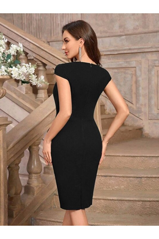 Kadın Kısa Kollu Kalp Yaka Drape Detay Ithal Krep Elbise