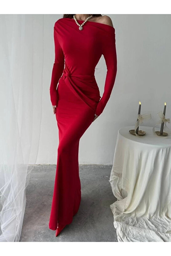 Kayık Yaka Uzun Kurdele Elbise