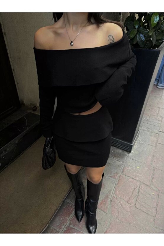 Straplez , Madonna , Carmen Yaka Croplu Mini Etekli ikili Takım Triko - Siyah