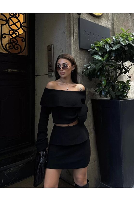 Straplez , Madonna , Carmen Yaka Croplu Mini Etekli ikili Takım Triko - Siyah