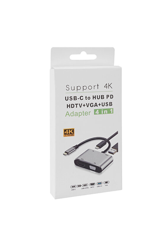 HY-USBC22 4 in 1 Type C to, PD+HDMI+VGA+USB3.0 Çevirici Hub Adaptör