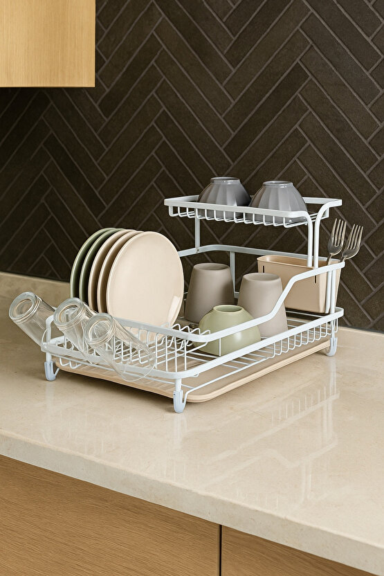 2 Katlı Bulaşık Kurutma Teli Tabak Bardak Çatal-Bıçak Organizeri Su Tahliye Tepsili Bulaşıklık