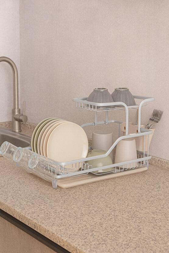 2 Katlı Bulaşık Kurutma Teli Tabak Bardak Çatal-Bıçak Organizeri Su Tahliye Tepsili Bulaşıklık
