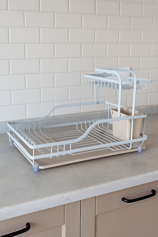 2 Katlı Bulaşık Kurutma Teli Tabak Bardak Çatal-Bıçak Organizeri Su Tahliye Tepsili Bulaşıklık