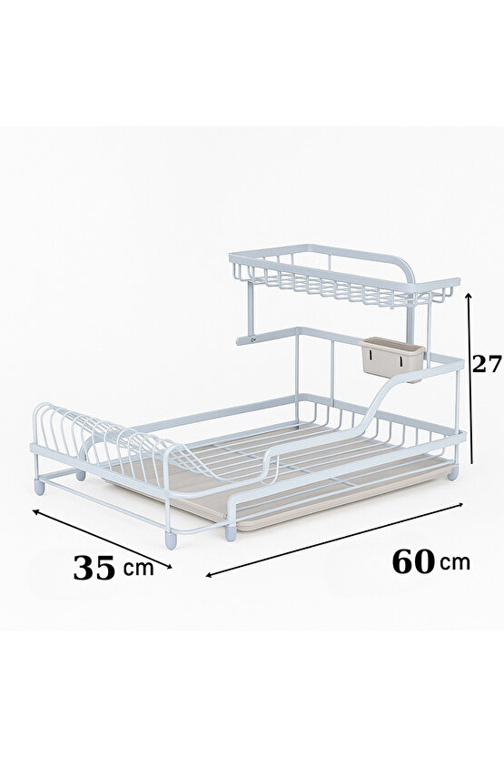 2 Katlı Bulaşık Kurutma Teli Tabak Bardak Çatal-Bıçak Organizeri Su Tahliye Tepsili Bulaşıklık