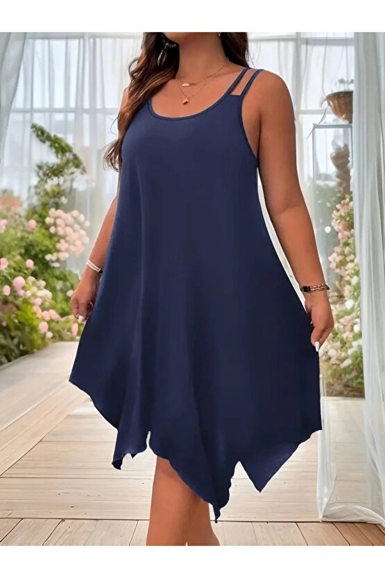 Myterrax Kadın Askılı Yuvarlak Asimetrik Kesim Detaylı Viskon Elbise