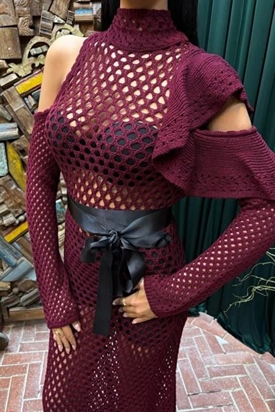 Moda Shop & Butik Saten Kuşaklı Ajurlu Triko Elbise 2847