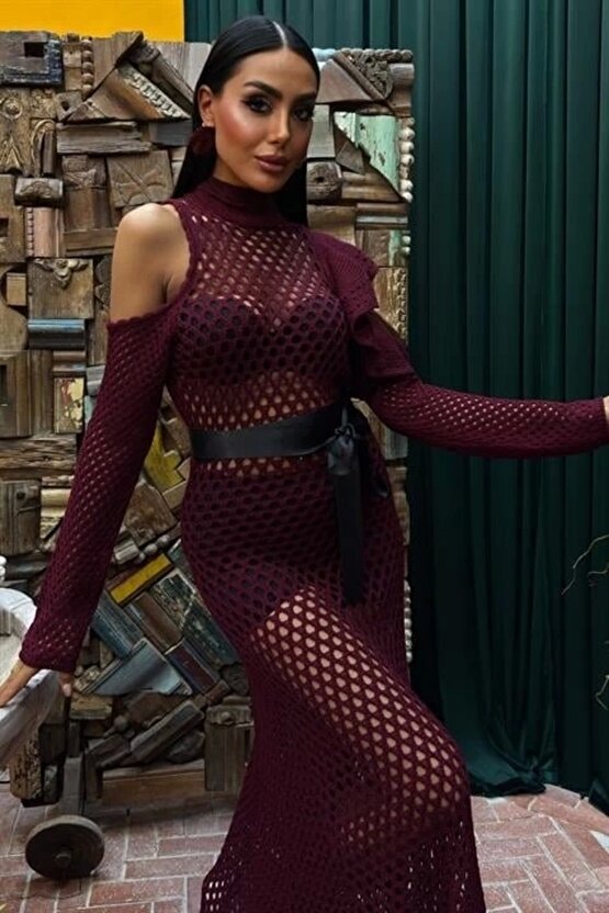 Moda Shop & Butik Saten Kuşaklı Ajurlu Triko Elbise 2847