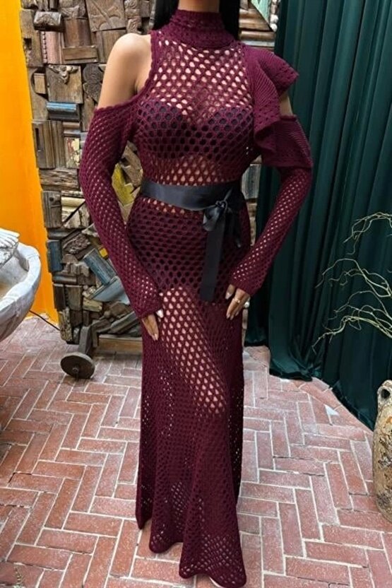 Moda Shop & Butik Saten Kuşaklı Ajurlu Triko Elbise 2847