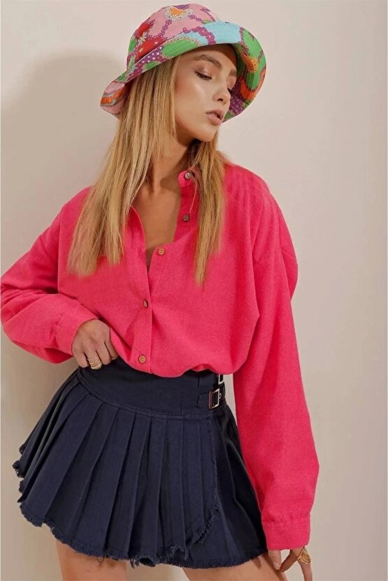 Gelirr Kadın Keten Kumaş Oversize Gömlek