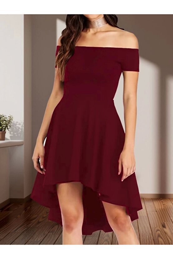 Kadın Kısa Kollu Madonna Yaka önü Kısa Arkası Uzun Ithal Krep Elbise