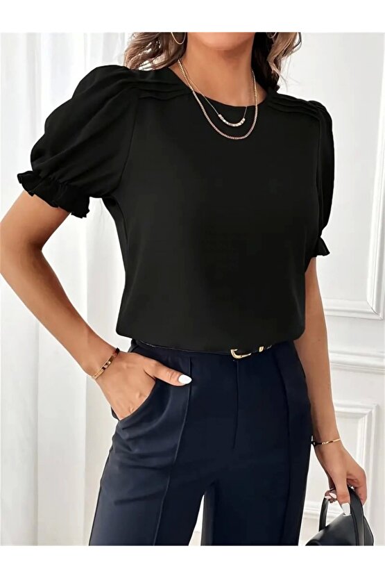 Kadın Kısa Kollu Bisiklet Yaka Kolları Gipeli Ithal Krep Bluz