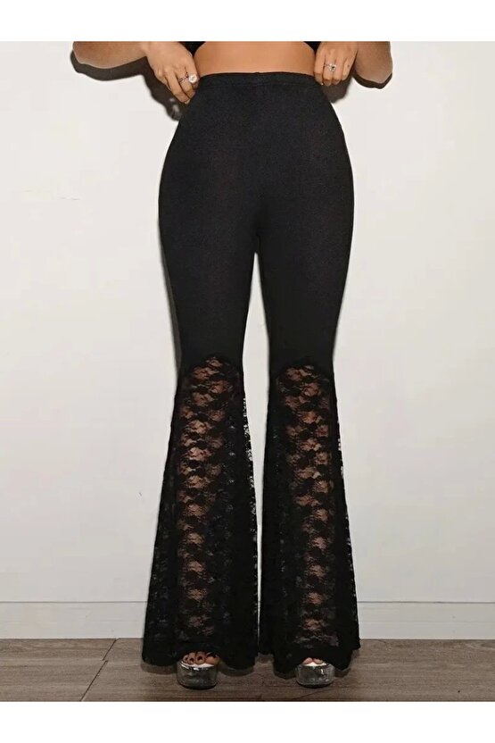 Kadın Yüksek Bel Dantel Detaylı Dalgıç Pantolon
