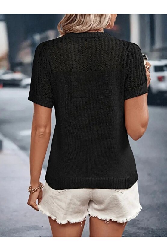 Moda Shop & Kadın Kısa Kollu Yaka Detay Triko Bluz