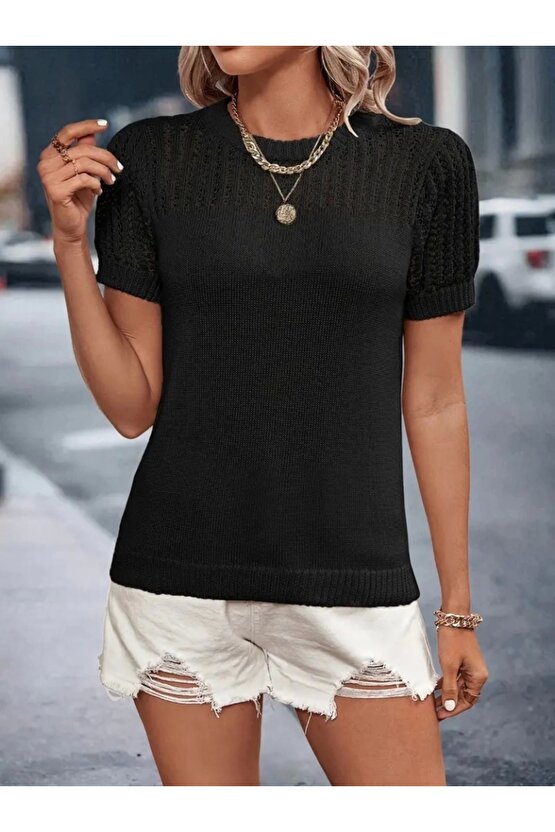 Moda Shop & Kadın Kısa Kollu Yaka Detay Triko Bluz