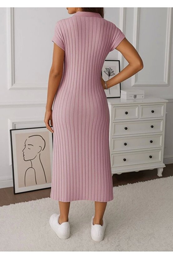 Kadın Kısa Kollu Yakalı Yandan Yırtmaçlı Kalın Fitilli Kaşkorse Elbise