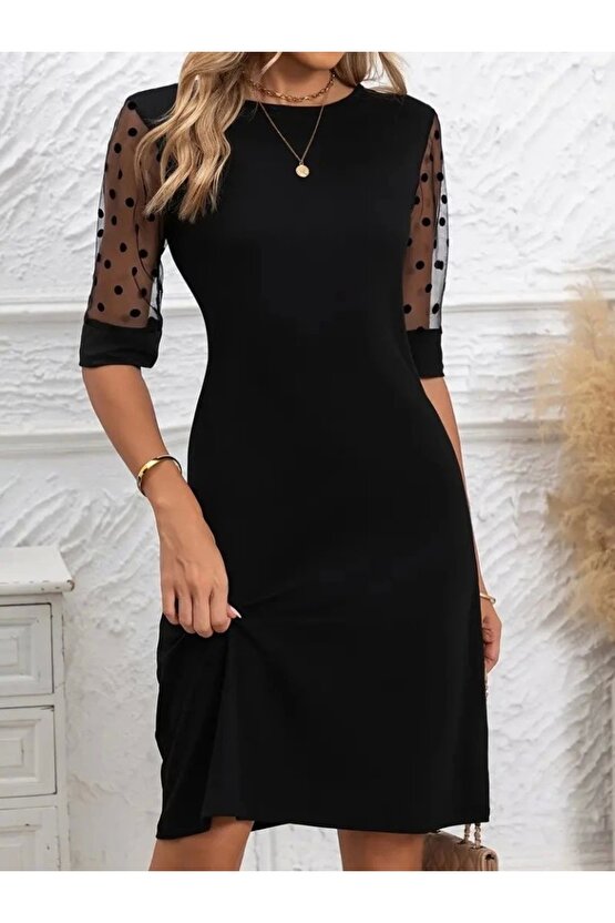 Kadın Puantiyeli Tül Kollu Bisiklet Yaka Janjan Krep Elbise